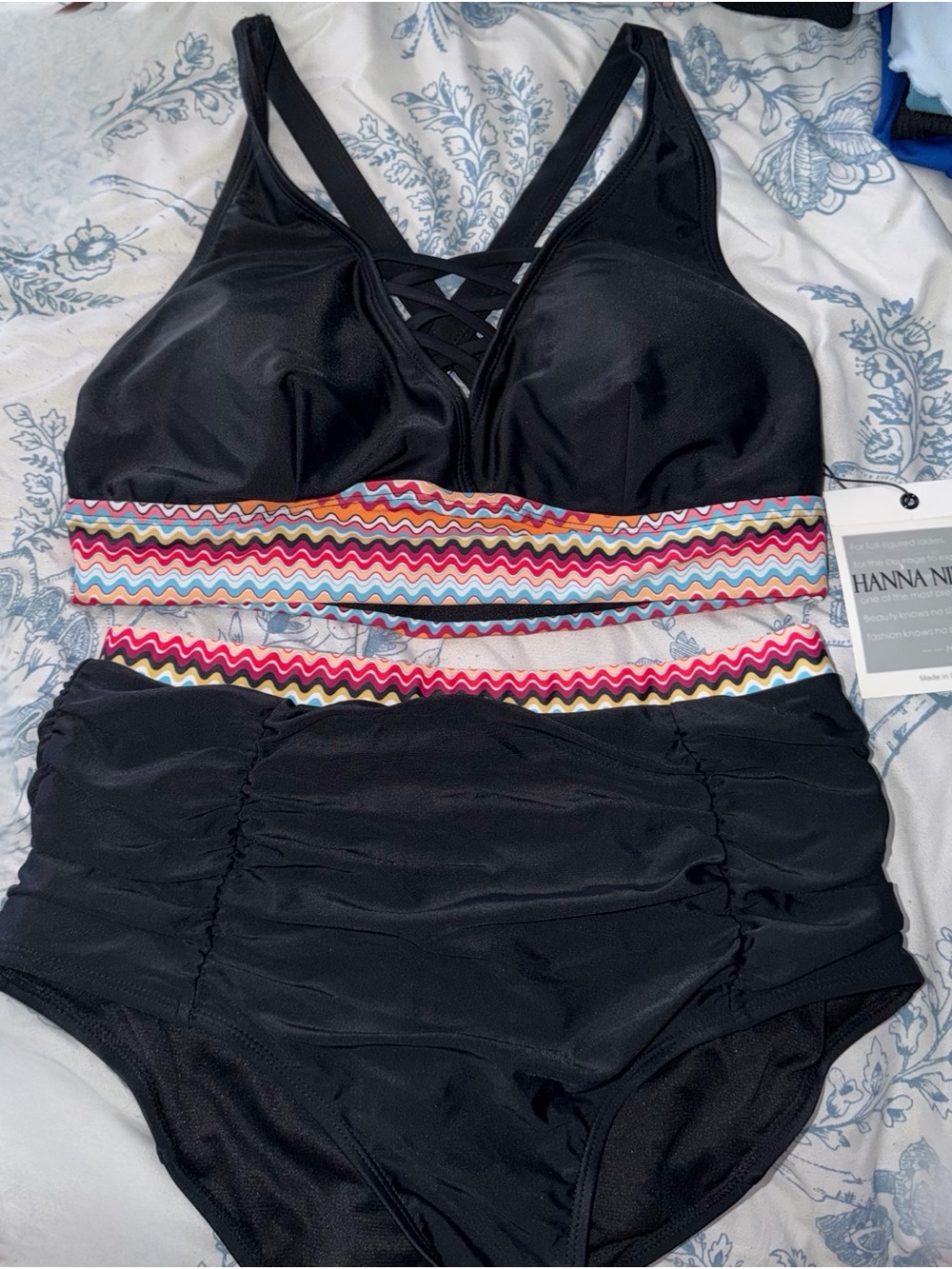 Hannah Two-Piece Black Swim Set with Multicolor Zigzag Trim
